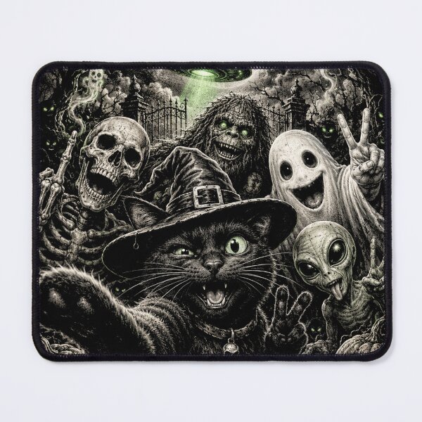 Item preview, Cat Selfie with Bigfoot Skeleton Alien UFO Funny Halloween designed and sold by will freed18.
