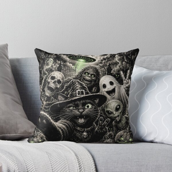 Item preview, Cat Selfie with Bigfoot Skeleton Alien UFO Funny Halloween designed and sold by will freed18.