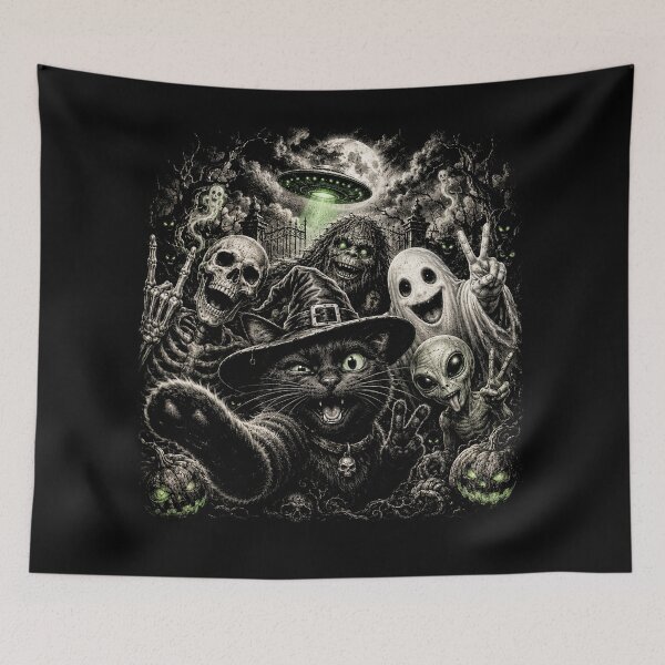Item preview, Cat Selfie with Bigfoot Skeleton Alien UFO Funny Halloween designed and sold by will freed18.