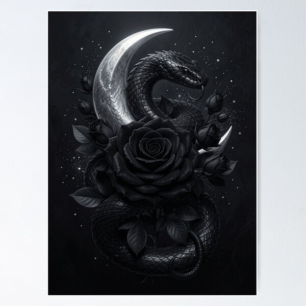 Item preview, Black Rose Serpent | Gothic Botanical Snake designed and sold by JanjjaSoulInk.
