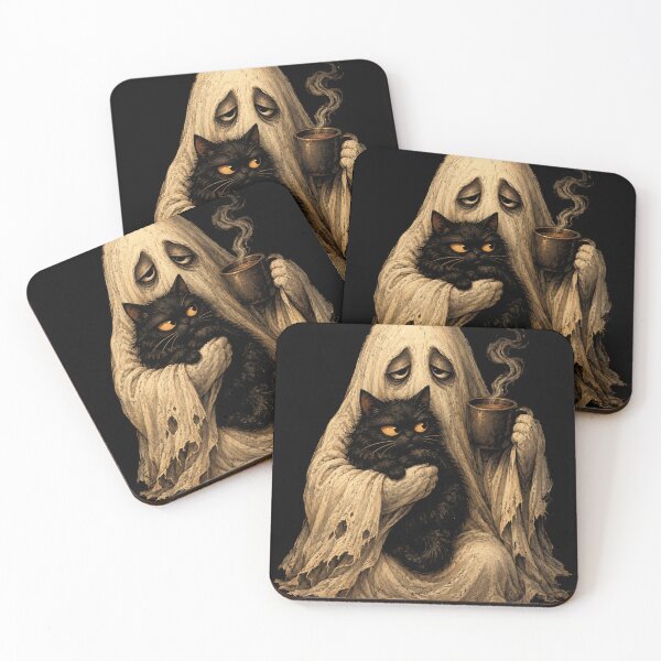 Item preview, Retro Funny Boojee Ghost Holding Black Cat Cozy Hot Latte designed and sold by will freed18.