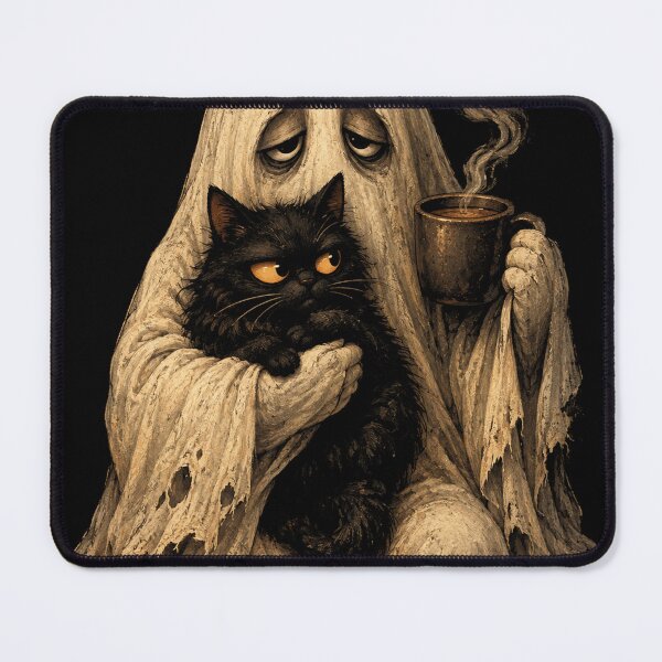 Item preview, Retro Funny Boojee Ghost Holding Black Cat Cozy Hot Latte designed and sold by will freed18.