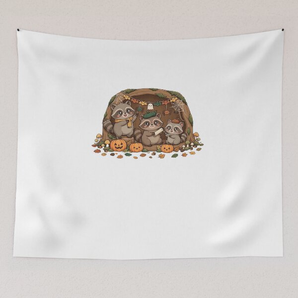 Item preview, Kawaii Raccoons Decorating Halloween Tree Hollow Pumpkins designed and sold by Neurospicy Trolls.