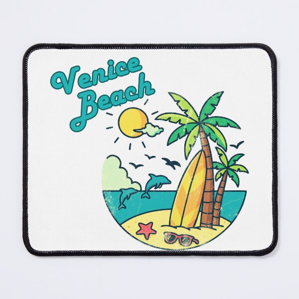 Item preview, Venice Beach Retro Surf Badge Dolphins Palm Trees Sunset Print designed and sold by DonnaRaine.