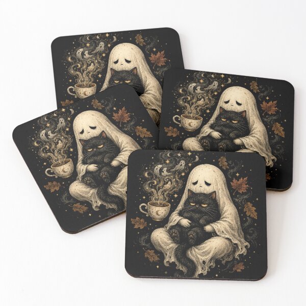 Item preview, Retro Funny Boojee Ghost Holding Black Cat Cozy Hot Latte designed and sold by will freed18.