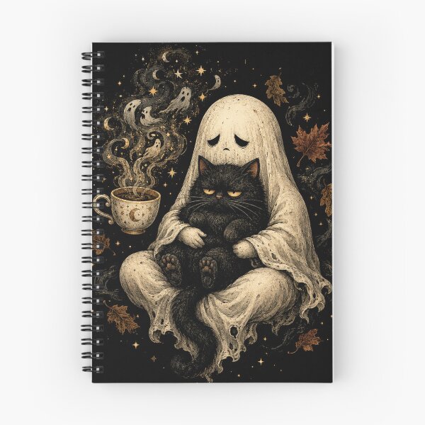 Item preview, Retro Funny Boojee Ghost Holding Black Cat Cozy Hot Latte designed and sold by will freed18.