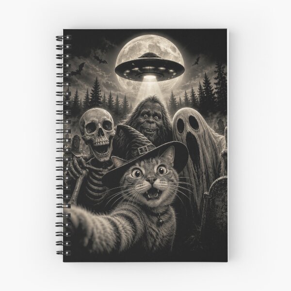 Item preview, Cat Selfie with Bigfoot Skeleton Alien UFO Funny Halloween designed and sold by will freed18.