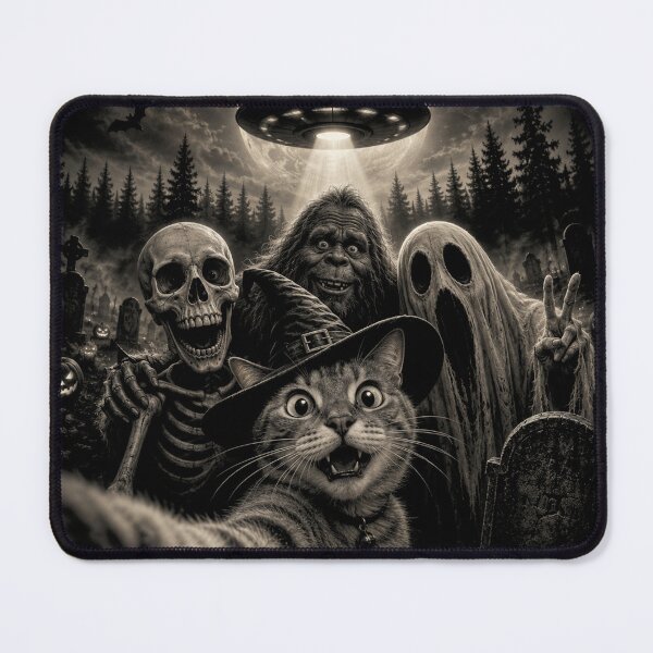 Item preview, Cat Selfie with Bigfoot Skeleton Alien UFO Funny Halloween designed and sold by will freed18.