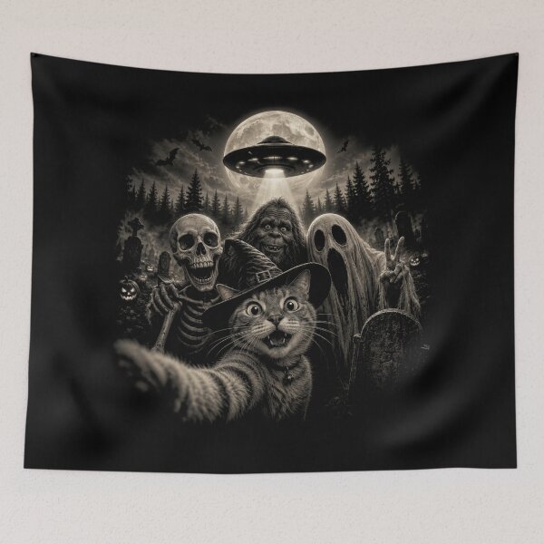 Item preview, Cat Selfie with Bigfoot Skeleton Alien UFO Funny Halloween designed and sold by will freed18.