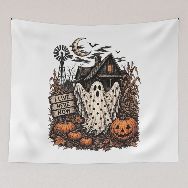 Item preview, Vintage Halloween Ghost Haunted Farmhouse – I Live Here Now designed and sold by ASMR10.