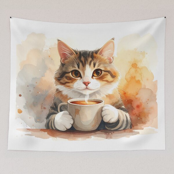 Item preview, Cozy Cat Holding Warm Coffee Mug Watercolor designed and sold by BetweenForms.