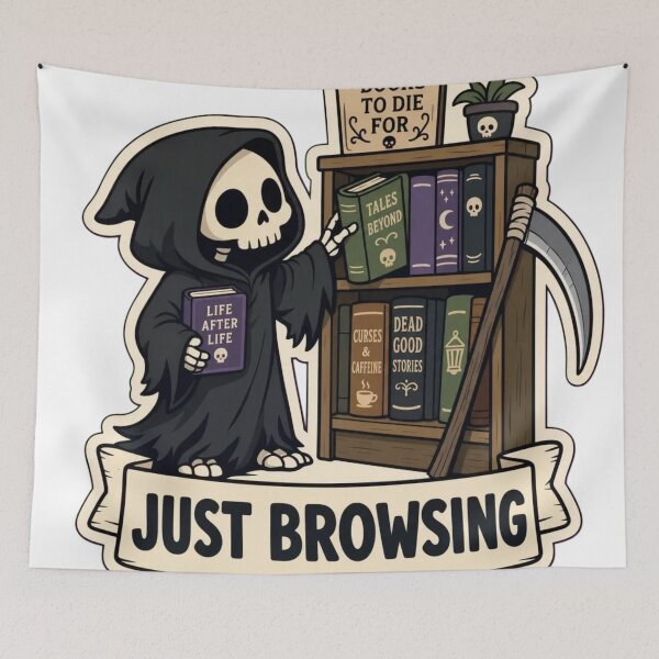 Item preview, Reaper Bookshop | Cute Grim Reaper Cosy Spooky Doodle designed and sold by StickyGuys.
