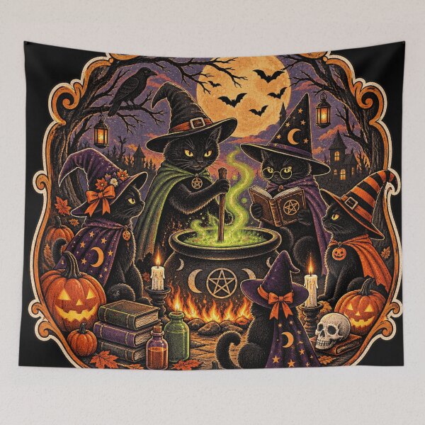 Item preview, Black Cat Witch Coven Vintage Halloween Cauldron Graphic Tee designed and sold by TM DESIGNS AND MORE.