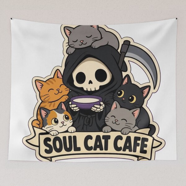 Item preview, Reaper Cat Cafe | Cute Grim Reaper Cosy Spooky Doodle designed and sold by StickyGuys.