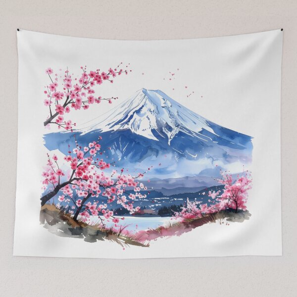 Item preview, Mount Fuji Cherry Blossom Lake Watercolor Painting designed and sold by BetweenForms.