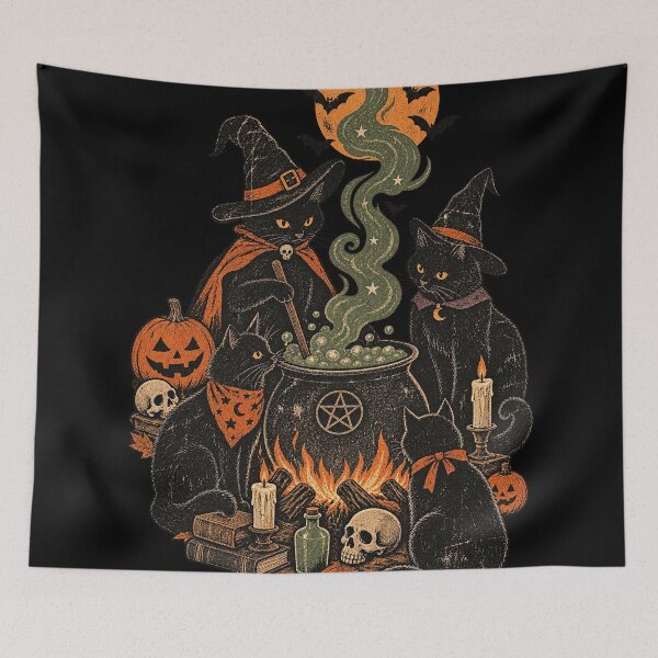 Item preview, Black Cat Witch Coven Vintage Halloween Cauldron Graphic Tee designed and sold by TM DESIGNS AND MORE.