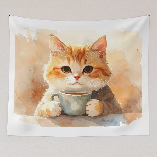 Item preview, Cozy Cat Holding Warm Coffee Mug Watercolor designed and sold by BetweenForms.