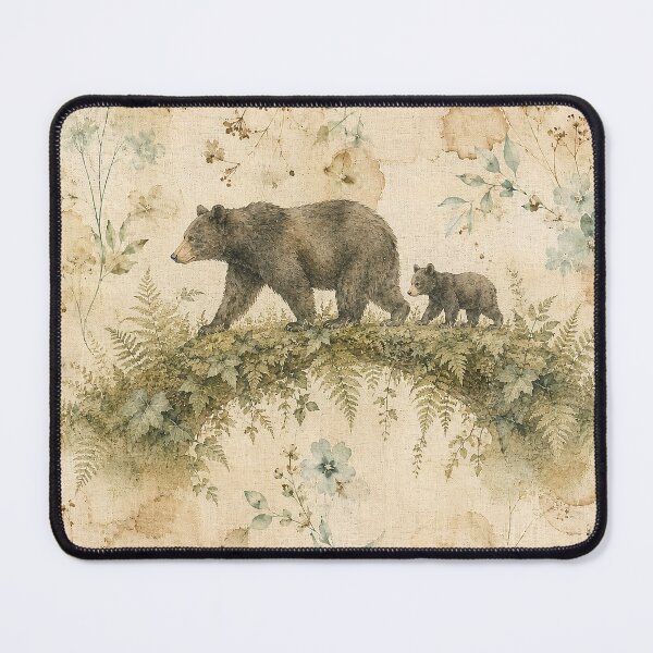 Item preview, Black Bear and Cub Organic Fern Bridge Antique Linen Print designed and sold by RescueHeart10.