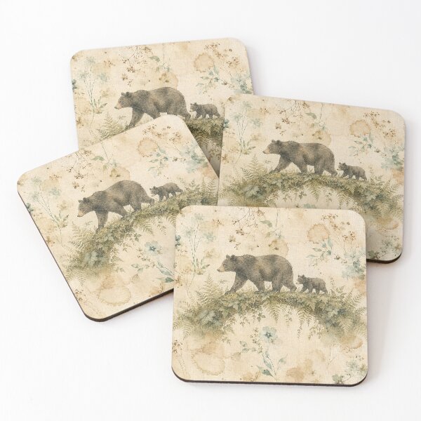 Item preview, Black Bear and Cub Organic Fern Bridge Antique Linen Print designed and sold by RescueHeart10.