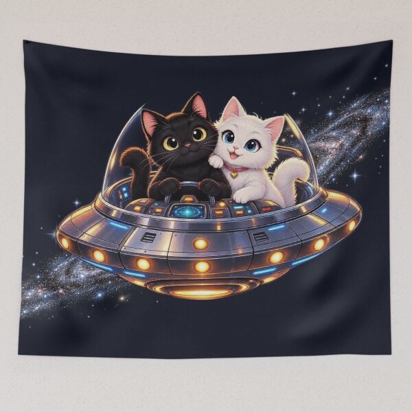 Item preview, Cute Space Cats Flying UFO Black And White Kitten Flying Saucer Galaxy Art designed and sold by BLUESKY11a.