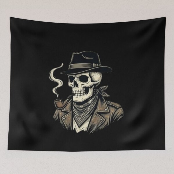 Item preview, Vintage Skull with Hat & Pipe - Biker & Western Skeleton Art designed and sold by OddySpud.apparel.
