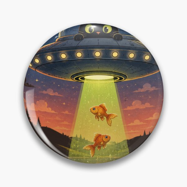 Item preview, Black Cat Alien UFO Fishing Goldfish Abduction Vintage Sci-Fi Storybook Art designed and sold by BLUESKY11a.
