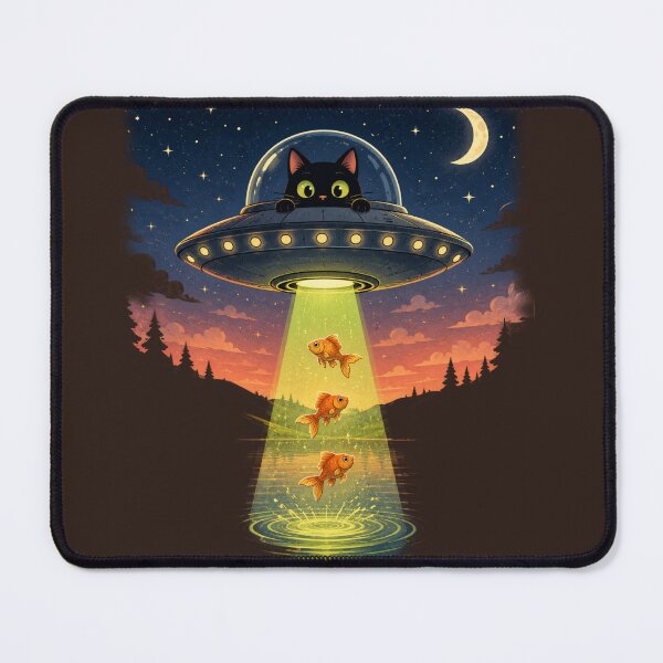Item preview, Black Cat Alien UFO Fishing Goldfish Abduction Vintage Sci-Fi Storybook Art designed and sold by BLUESKY11a.