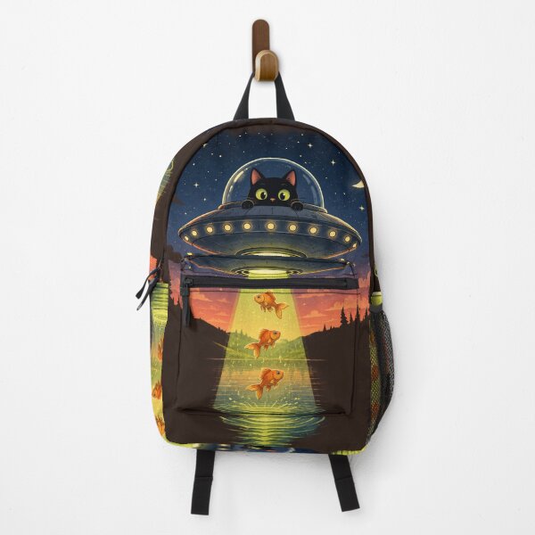 Item preview, Black Cat Alien UFO Fishing Goldfish Abduction Vintage Sci-Fi Storybook Art designed and sold by BLUESKY11a.