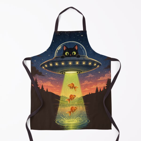 Item preview, Black Cat Alien UFO Fishing Goldfish Abduction Vintage Sci-Fi Storybook Art designed and sold by BLUESKY11a.