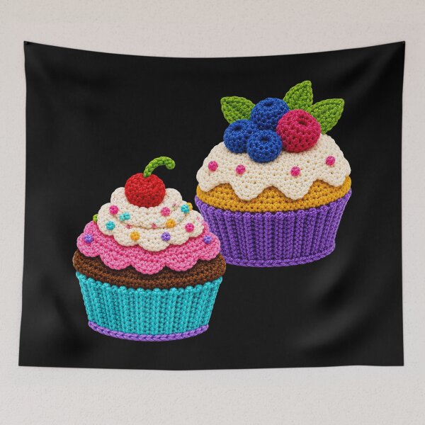 Item preview, Retro Crochet-Style Pair of Cupcakes Print  Black Shapes Mania designed and sold by Shapes-Mania.