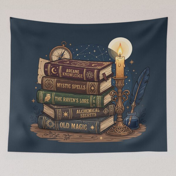 Item preview, Stack of Magical Spellbooks - Dark Academia Candle & Inkwell Art designed and sold by KreonaTime.