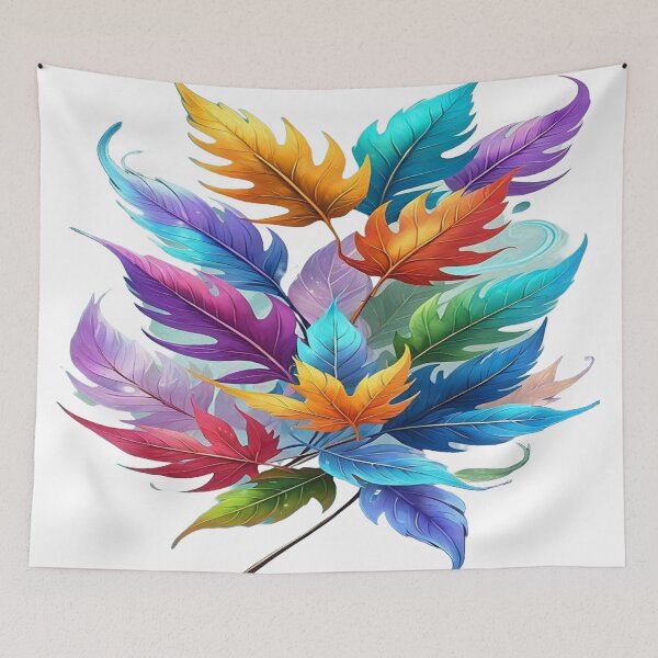 Item preview, Nature's Colorful Dance, Rainbow Feathers and Leaves - Colorful Art with Autumn Leaves and Multicolored Feathers designed and sold by RAYBIL.
