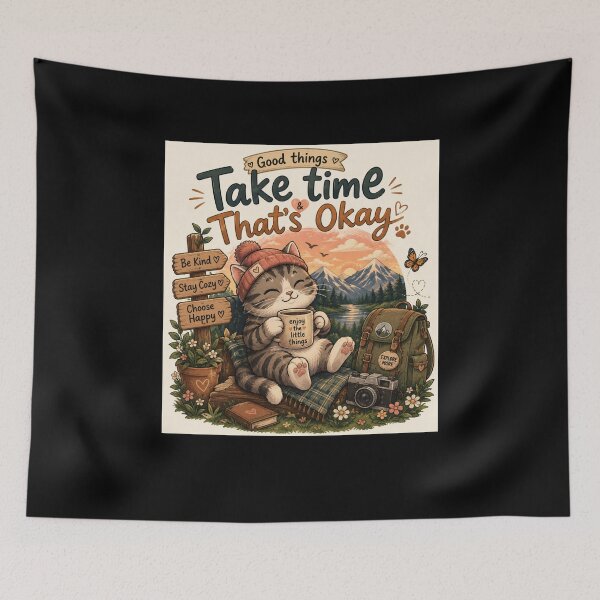 Item preview,  Cute Cozy Cat Take Time - Wholesome Coffee & Mountain Nature Designe T-Shirt designed and sold by RedaSouq.