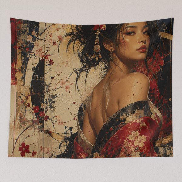 Item preview, Crimson Sakura Muse Japanese Abstract Portrait designed and sold by SHOCAMPOS DESIGNS .