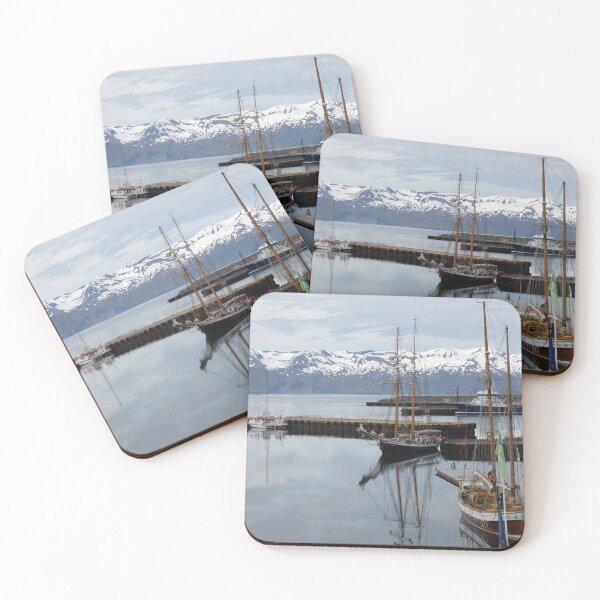 Item preview, Iceland Harbor Tall Ship Reflections with snowcapped mountains  designed and sold by shorethings.