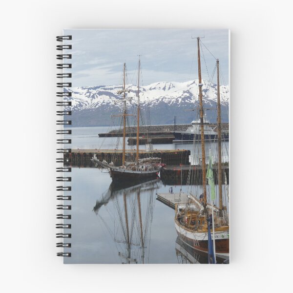 Item preview, Iceland Harbor Tall Ship Reflections with snowcapped mountains  designed and sold by shorethings.
