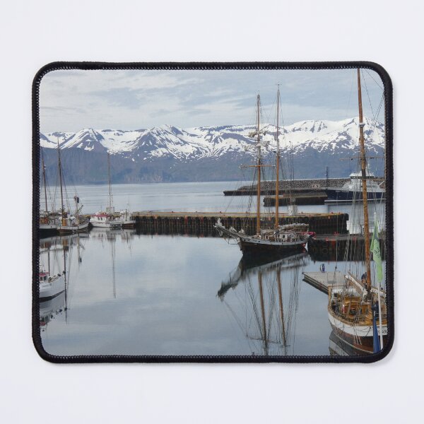 Item preview, Iceland Harbor Tall Ship Reflections with snowcapped mountains  designed and sold by shorethings.