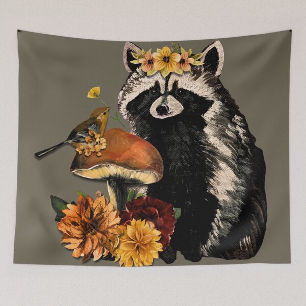 Item preview, Floral Woodland Raccoon & Autumn Mushroom designed and sold by ArtistsAtticWI.