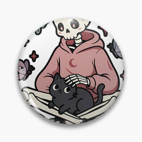 Item preview, Skeleton in Pink Hoodie Petting Black Cat with Butterflies and Mushrooms designed and sold by MisteryDesigner.
