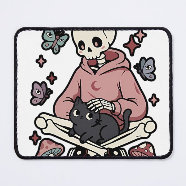 Item preview, Skeleton in Pink Hoodie Petting Black Cat with Butterflies and Mushrooms designed and sold by MisteryDesigner.