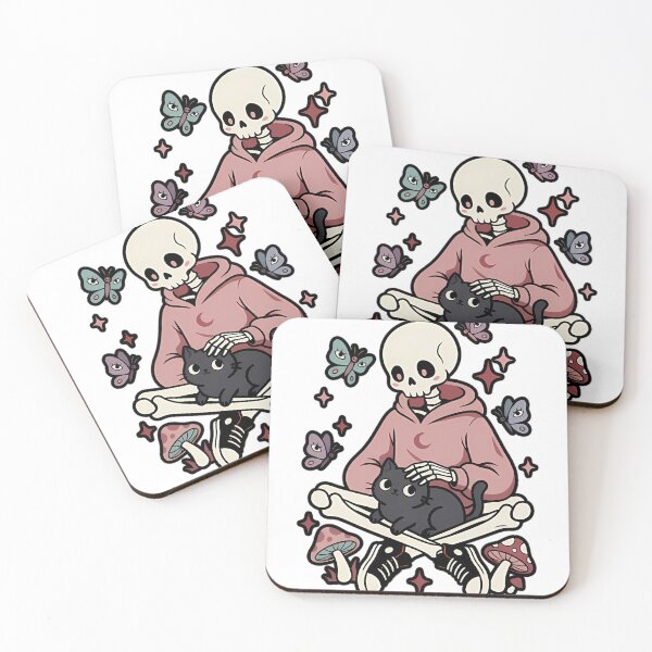 Item preview, Skeleton in Pink Hoodie Petting Black Cat with Butterflies and Mushrooms designed and sold by MisteryDesigner.