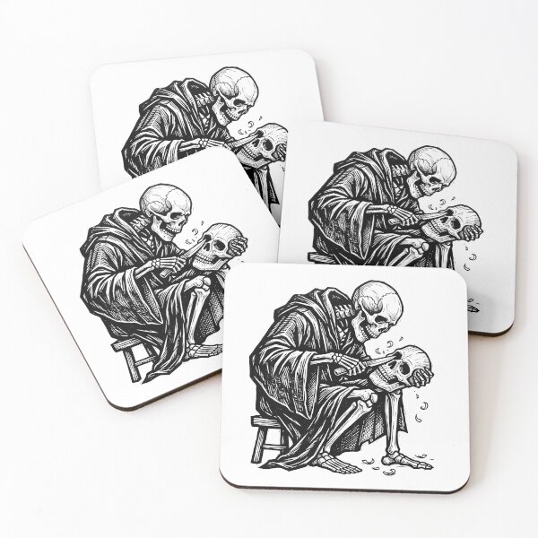 Item preview, Cloaked Skeleton Sculptor Carving Human Skull on Wooden Stool designed and sold by MisteryDesigner.