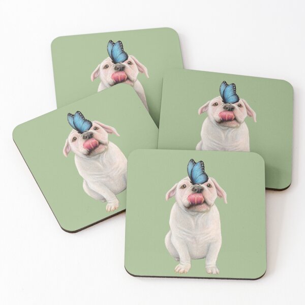 Item preview, White Bulldog Puppy with Blue Butterfly designed and sold by Julia O'Shaughnessy.