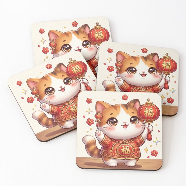 Item preview, Kawaii Cute Lucky Cat Chinese New Year – Fu Lantern Festival Lunar New Year, red yellow designed and sold by MoqunaDesign.