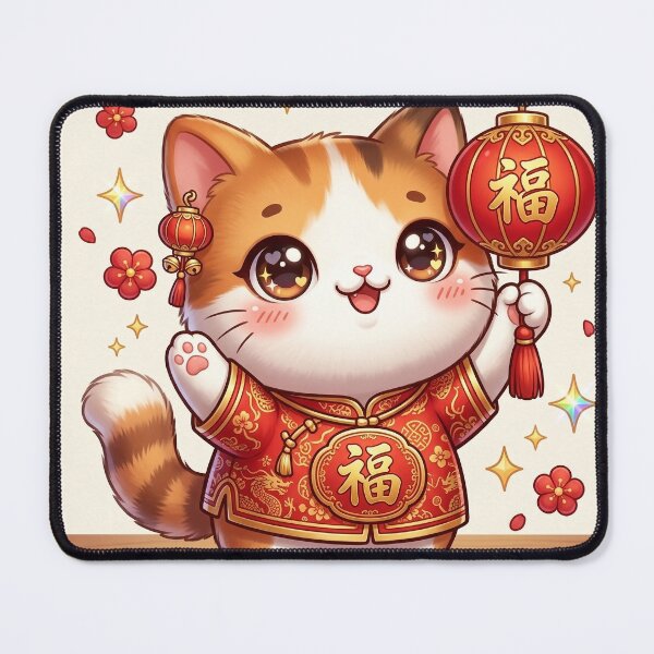 Item preview, Kawaii Cute Lucky Cat Chinese New Year – Fu Lantern Festival Lunar New Year, red yellow designed and sold by MoqunaDesign.