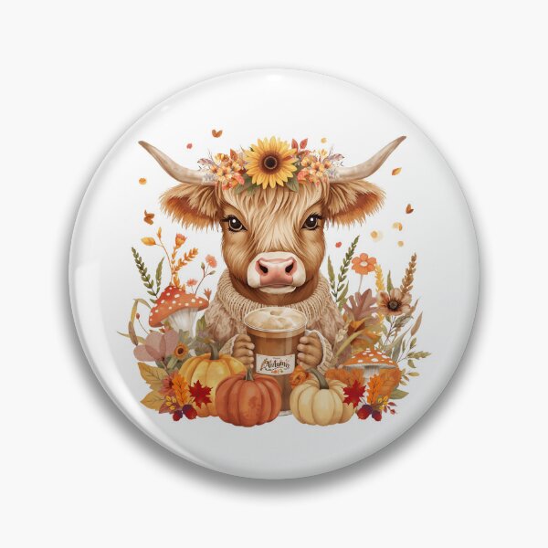 Item preview, Cute Highland Cow Drinking Pumpkin Spice Coffee with Autumn Floral Crown and Pumpkins  designed and sold by VibranPalette.