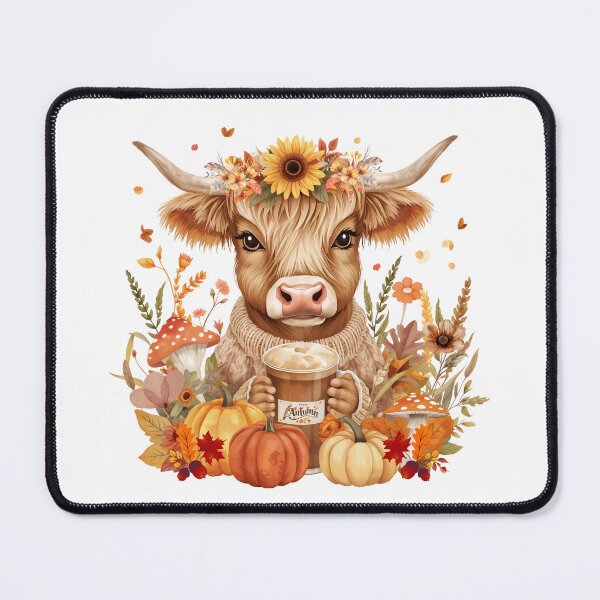 Item preview, Cute Highland Cow Drinking Pumpkin Spice Coffee with Autumn Floral Crown and Pumpkins designed and sold by VibranPalette.