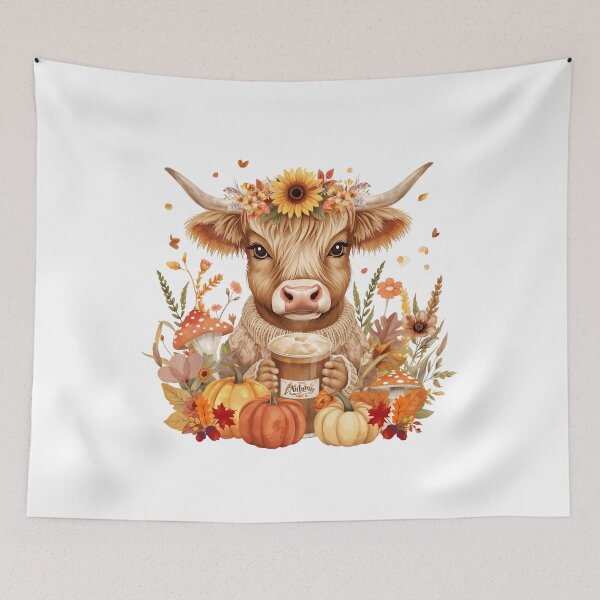 Item preview, Cute Highland Cow Drinking Pumpkin Spice Coffee with Autumn Floral Crown and Pumpkins  designed and sold by VibranPalette.