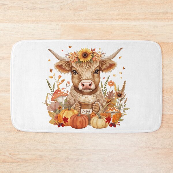 Item preview, Cute Highland Cow Drinking Pumpkin Spice Coffee with Autumn Floral Crown and Pumpkins  designed and sold by VibranPalette.