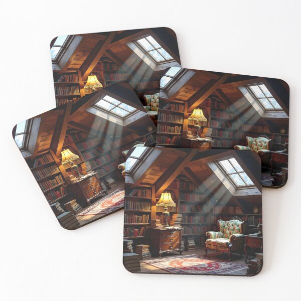 Item preview, A Cozy Book-filled Attic Room Bathed in The warm Glow  designed and sold by Wiss2Arts.